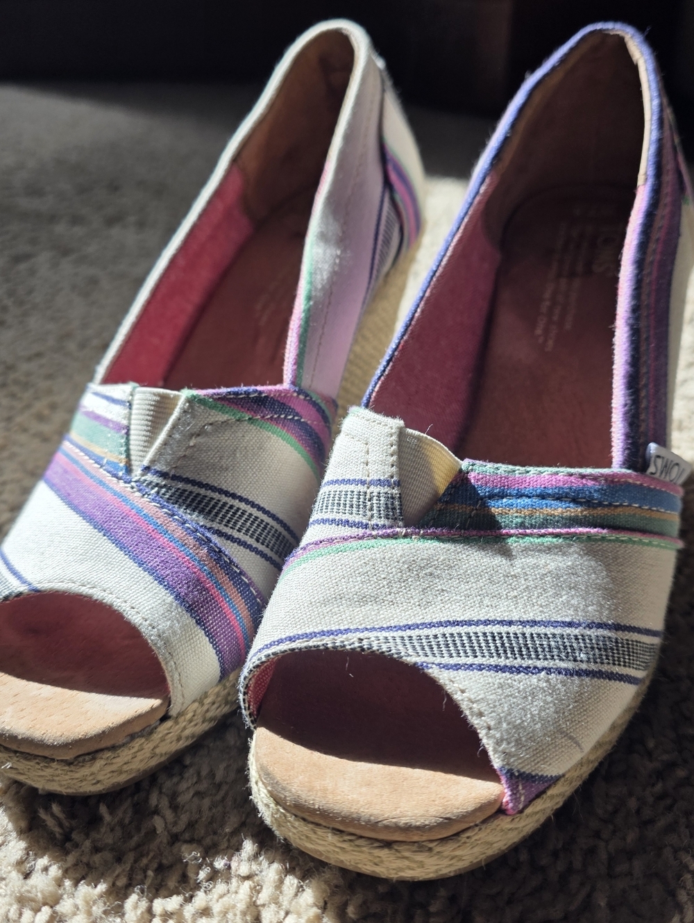 Toms Womens Striped Canvas Espadrille Wedge Shoes Peep Toe Size 7.5 Multicolor